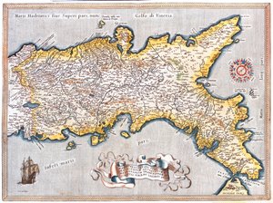 Södra Lazio, södra Marche, Abruzzo, Molise, Campasnia, Apulien, Basilicata Kalabrien, Italien av Abraham Ortelius