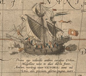 Victoria, en spansk karack, skepp av Ferdinand Magellans Armada de Molucca. Aus Maris Pacific av Abraham Ortelius