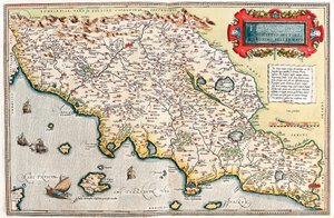 Thusciae Beskrivning av författaren Hieronymo Bellamarto Geografikarta över Toscanas territorium i Italien från "Theatrum Orbis Terrarum" av Abraham Ortelius (Oertel, Ortell eller Ortel av Abraham Ortelius