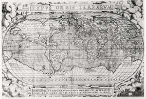 Världskarta, världskarta, 1577 av Abraham Ortelius