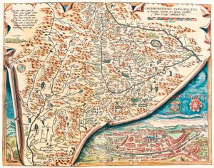 Äkta beskrivning av staden Salzburg Geografikarta över territoriet Salsburg i Österrike från "Theatrum Orbis Terrarum" av Abraham Ortelius (Oertel, Ortell eller Ortel av Abraham Ortelius