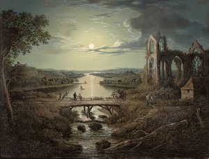 Månbelyst utsikt över floden Tweed med Melrose Abbey i förgrunden och figurer på en bro