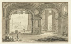 Fantiserad italiensk stadsbild med klassiska byggnader av Abraham Rademaker
