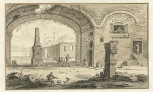 Fantiserad italiensk stadsbild med klassiska byggnader och utsikt under en båge av Abraham Rademaker