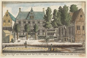 Vy över Hollands hov med Leidens färjehus före överfarten vid Overtoom av Abraham Rademaker