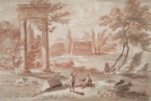 Landskap med grav, ruiner och figurer av Abraham Rademaker