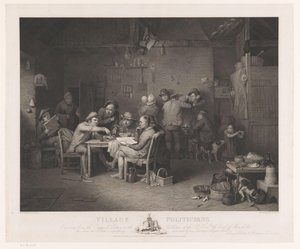 Interiör med män som diskuterar runt ett bord Bypolitiker (titel på objekt) av Abraham Raimbach