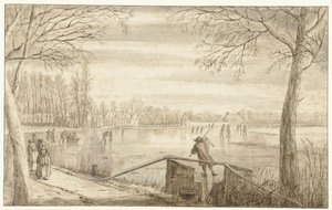 Skridskoåkare på floden Vecht, nära Maarssen, med ägorna Daelwijck och Vechthoven på avstånd av Abraham Rutgers