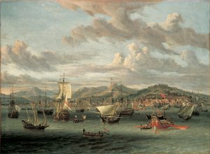 Holländsk sjöfart utanför Smyrnabukten med en statlig pråm av Abraham Storck