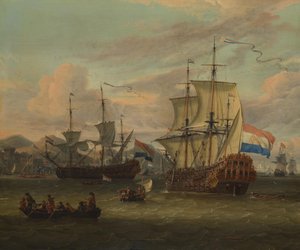 Holländska kustfartyg vid en hamn vid Medelhavet