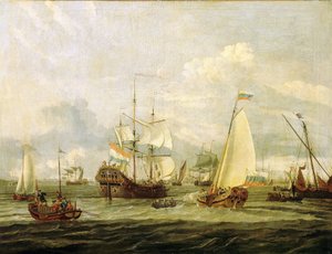 Peter den store (1672-1725), tsar av Ryssland, inspekterar en båt i Amsterdam (Holland). Olja på duk av Abraham Storck (1635-1710). av Abraham Storck