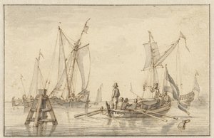 Stilla havet med några båtar av Abraham Storck