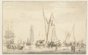 Strandscen med förtöjda fartyg av Abraham Storck