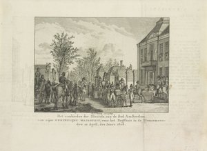 Presenterar stadens nycklar till Louis Napoleon, 1808 Erbjudandet av nycklarna, från staden Amsterdam till Hans kungliga majestät, framför Regthuis i Diemermeer; den 20 april år 1808 (titel på föremålet) av Abraham Vinkeles
