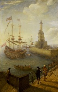 Ett spanskt tremastat fartyg ankrat utanför Neapels (Italien) kust, sett från en asfalterad pir i staden, mot fyren och byggnaderna i Medelhavshamnen