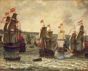 Sjöslag mellan holländska och brittiska fartyg, episod från det första anglo-holländska kriget (Anglo-Dutch) 1652-1654. Olja på trä av Abraham Willaerts (1603-1669).