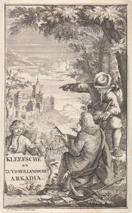 Resenären ritar staden Kleve Titelsida för: C. Bruin, Kleefsche och Zuid-Hollandsche Arkadia (...), 1730 av Abraham Zeeman