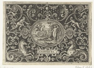 Kartusch: Perseus befriar Andromeda ANDROMEDA (titel på objekt) av Abraham de Bruyn