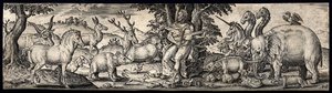 Orfeus sitter på en sten, håller ett stränginstrument och förtrollar djuren med musik. Gravyr av A. de Bruyn. av Abraham de Bruyn