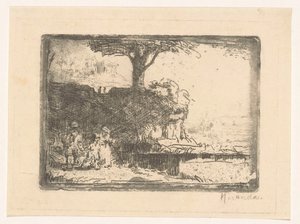 Landskap med tre figurer av Abraham de Miranda (signed by artist)
