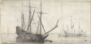Segelfartyg på stilla vatten nära kusten av Abraham de Verwer (possibly)