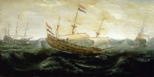 Ett holländskt fartyg seglar på ett mycket turbulent hav med reducerade segel, där vinden rusar in. Olja på koppar, ca 1625, av Abraham de Verwer (ca 1585-1650). av Abraham de Verwer