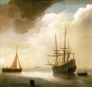 Holländskt fartyg på lugnt hav. Till vänster om honom en fiskebåt i arbete, till höger om honom en ankrad båt. Olja på trä av Abraham de Verwer (ca 1585-1650).