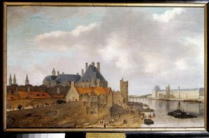 Utsikt över hotel de Nevers, tornet i Nesles och Grande Galerie du chateau du Louvre sett från Pont Neuf-målningen av Abraham de Verwer (1600-1650) 1637 Sön. 0,37 x 0,59 m Paris, Musee Carnavalet