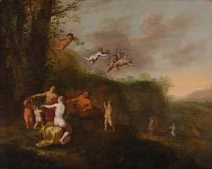 Bacchus och nymfer i ett landskap, troligen 1640-talet. av Abraham van Cuylenborch