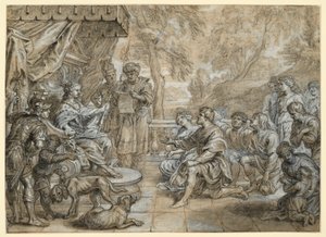 En drottning med hermelinmantel och spira (Semiramis?) på en tron, framför henne knäböjer en grupp män och kvinnor av Abraham van Diepenbeeck