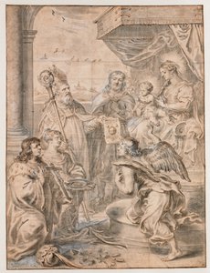 Maria med barn på tronen älskad av tre helgon av Abraham van Diepenbeeck