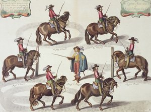 Markisen av Newcastle ger kapten Mazin en ridlektion, skylt 15 från The Method and New Invention of Dressing Horses av William Cavendish (1592-1676) Marquis of Newcastle, graverad av Lucas Vo