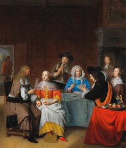 Interiör med ett elegant samhälle som spelar kort, 1660-tal. av Abraham van Dijck