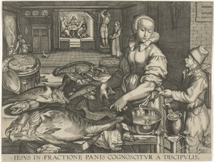 Keukenstuk met vrouw die wis schoonmacht Jesus är igenkänd av lärjungarna när brödet bryts (titel på föremål) av Abraham van Lier