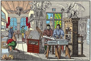 Interiör av ett tryckeri i Nürnberg, Tyskland: arbetare i arbete, början av 1600-talet - grav. av Abraham van Werdt. av Abraham van Werdt