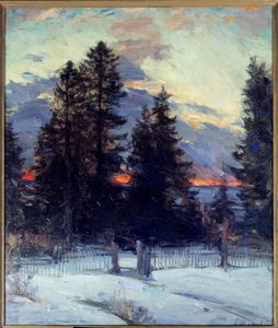 Solnedgång på vinterlandskap. Målning av Abram Arkhipov (1862 - 1930) Ec. Rus.
