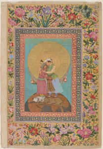 Allegorisk representation av kejsar Jahangir och Shah Abbas av Persien, illustration från St. Petersburg Album, c.1618 (wc, bläck, silver & guld på papper)