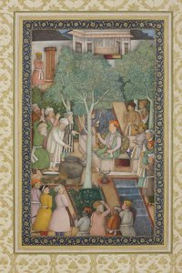 Kejsar Jahangir med heliga män i en trädgård, ca 1615 (ogenomskinlig wc och guld på papper)