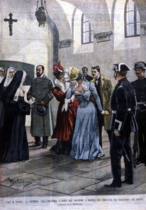 I Madrid slits en ung kvinna, Mademoiselle Ubao, från livet av en nunna i ett kloster där hon befann sig på jesuiternas förslag. Illustration av Beltrame. Domenica del corriere. 1901. av Achille Beltrame