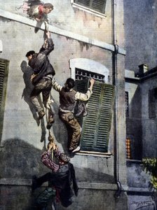 En vågad flykt av fyra fångar från Asti-fängelset efter att ha brutit sig igenom muren. Teckning av Beltrame. La Domenica del Corriere. 1902 av Achille Beltrame