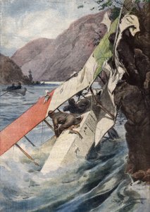 En dramatisk spaningsflygning: efter ett slagsmål, utan motor eller propeller, lyckades två flygare överraskande nå de italienska linjerna och föll i Isonzofloden. Ill. de Beltrame. La Domenica del Corriere. 10/1917. av Achille Beltrame
