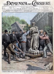 En staty köpt av regeringen för 450 tusen lire förs till Rom och levereras till minister Rava. Ill. de Beltrame. La Domenica del Corriere. 10/1909. av Achille Beltrame