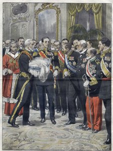 Alfonso XIII (1886-1941), kung av Spanien vid presentationsceremonin av sin son Alfonso (1907-1938), greve av Covadonga, prins av Asturien. Teckning av Achille Beltrame. från 1907. av Achille Beltrame