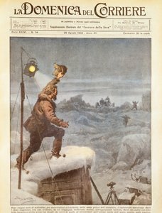 Amerikansk upptäcktsresande, Richard E Byrd, får sällskap av följeslagare i Antarktis efter att ha varit ensam i fem månader, av Achille Beltrame, illustration, illustratör Achille Beltrame (1871-1945), från La Domenica del Corriere, 26 augusti 1934 av Achille Beltrame
