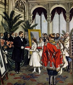 Årsdagen för författaren till Quo Vadis?, presentation av gåvor till Sinkievicz i Warszawa, illustration av Achille Beltrame, La Domenica del Corriere, nr 3, 20 januari av Achille Beltrame