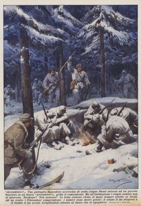 Överlämna! En finsk patrull omringar fem ryssar på natten runt ett litet eldfat i en skog av Achille Beltrame