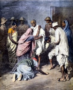 Arrestation av Mahatma Gandhi (1869 - 1948). Sjuk. av Achille Beltrame. Kurirens söndag. 1932 av Achille Beltrame