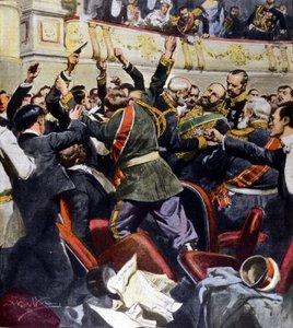 Attack mot den ryske ministern Stolypin i den kommunala teatern i Kiev. Illustration av Beltrame av Achille Beltrame