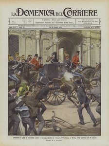 Attack med revolverskott mot suveränerna med bil till Pantheon, i Rom, på morgonen den 14 mars av Achille Beltrame