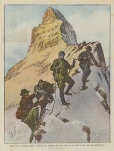 Djärvt bevis på mänsklig energi, bergsbestigare som, med två guider, erövrar toppen av Matterhorn, mitt i vintern